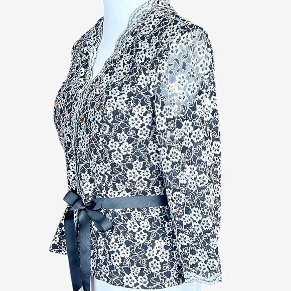 Alex Evenings top blouse S black silver lace sequins with bow - Picture 2 of 8